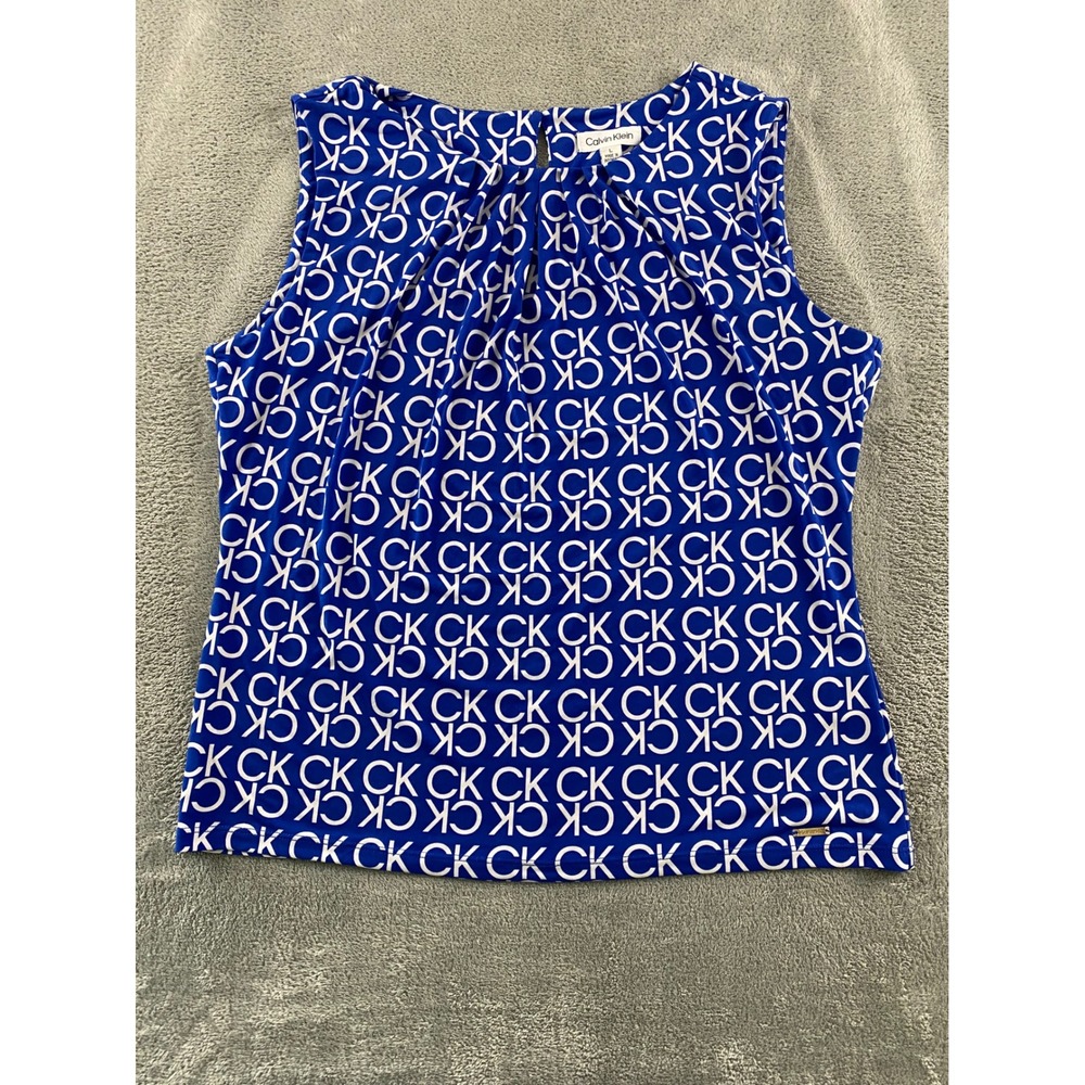 Calvin Klein Womens Blue White CK Monogram Logo Pleated Shell Blouse‎ Top Large